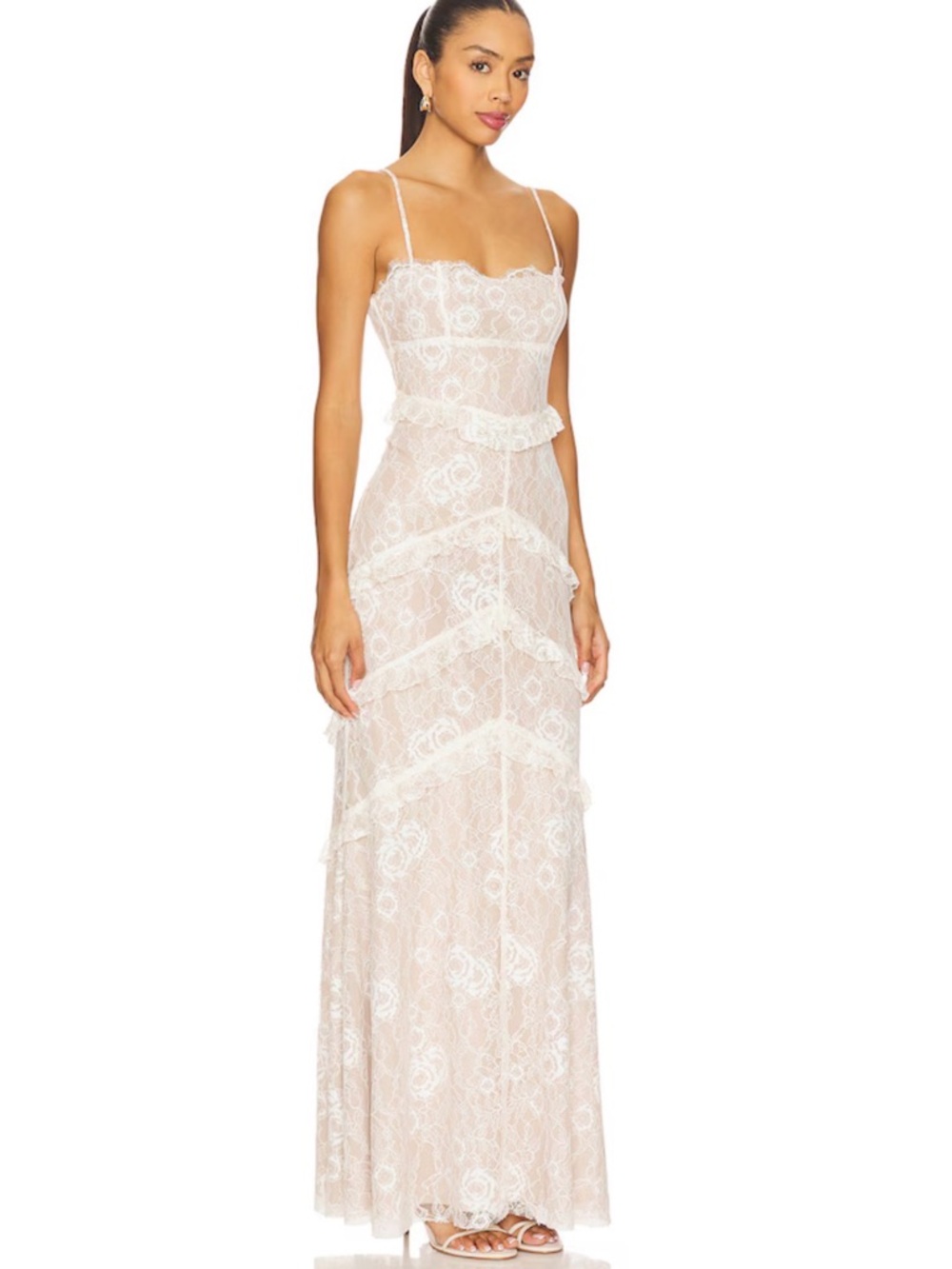 MAJORELLE Ivory Lace Maxi Dress with Spaghetti Straps and Ruffle Tiers NWT SMALL